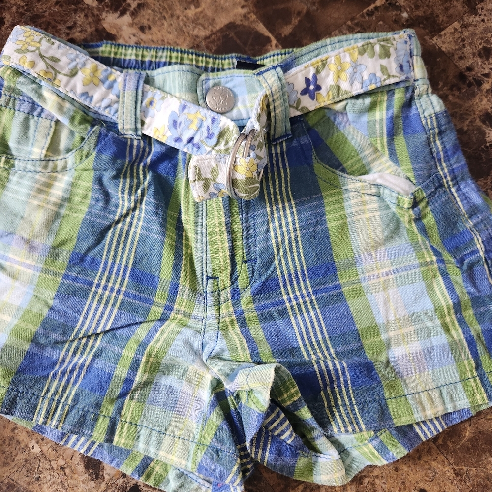 Vintage Baby GAP Toddler Blue and Green Plaid Shorts with Floral Belt 3T